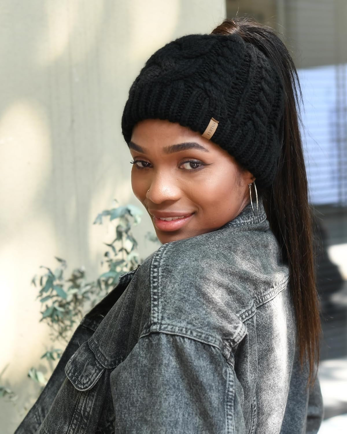 Ponytail Beanies for Women Messy Bun Winter Hat with Tail Hole Warm Lined Knit Skull Beanie Outdoor Runner Cap