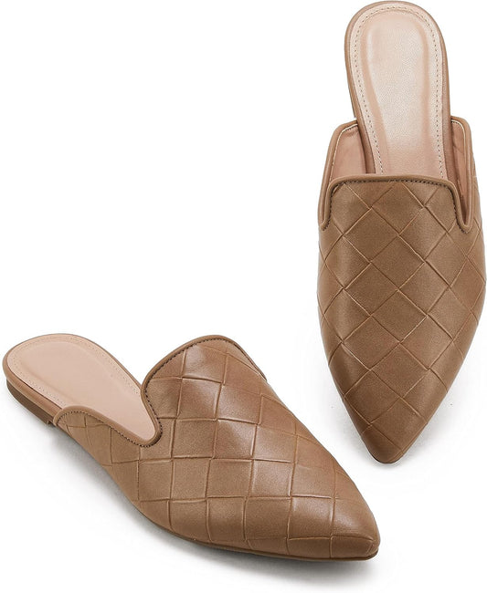 Womens Braided Pointed Toe Mules Low Heel Loafers Woven Slip on Flats Slide Backless Cut Out Comfortable Shoes 8.5 Coffee